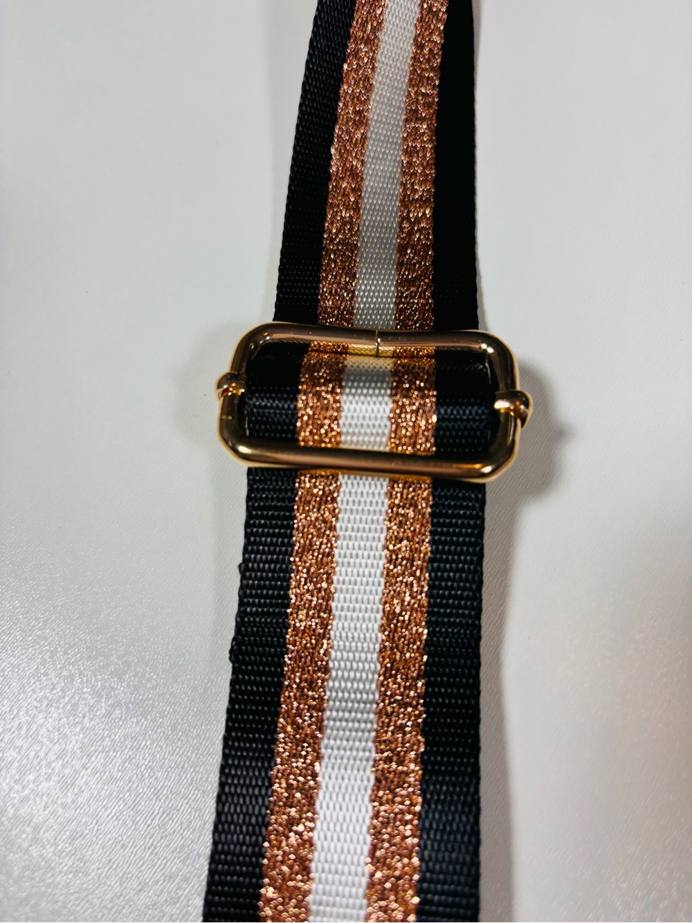 Purse Strap Black & Rose Gold Striped Adjustable Wide Woven Gold Hardware - Picture 3 of 4